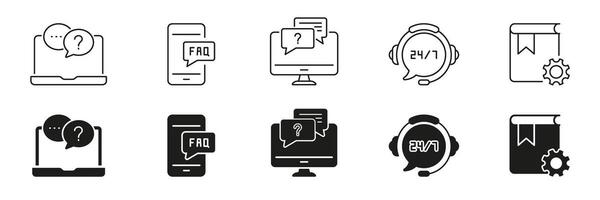 Customer Support Service Tools and FAQ Line and Silhouette Icon Set. Online Information and Communication Symbol Collection. Isolated Illustration vector