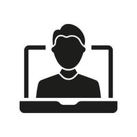 Man on Call Silhouette Icon for Online Support and Virtual Communication. Male on Laptop Screen, Conference and Remote Support Symbol. Isolated Illustration vector