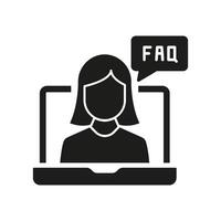 Woman on Call Silhouette Icon with FAQ Bubble for Online Support and Communication. Virtual Customer Support Services Glyph Symbol. Isolated Illustration vector