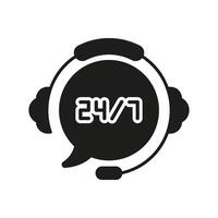 24-7 Customer Support, Headset Silhouette Icon with Speech Bubble. Time Assistance 24-7. Call Center or Customer Support and Help Glyph Symbol. Isolated Illustration vector