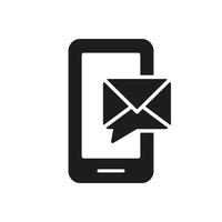 Mobile Phone with Email Message Silhouette Icon, Communication and Support. Smartphone with Email Notification for Customer Service Glyph Symbol. Isolated Illustration vector
