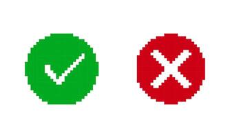 Check Mark Icon. Green Check and Red Cross Icon in Pixel Art Style. Check Box Icon with Right and Wrong Circle Buttons. Isolated Illustration vector