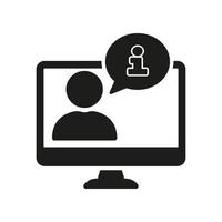 Person on Computer with Information Chat Bubble Silhouette Icon for Online Support. Information, Assistance, Online Communication Glyph Symbol. Isolated Illustration vector