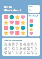 How many math activity page for kids worksheet, Count the number Puzzle game printable for school and preschool. vector