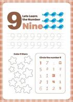 Activity worksheets for kids education with many exercises. Learning numbers from 1 to 10. Trace, color, dot to dot on one page vector