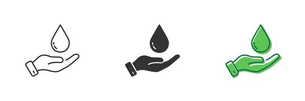 Water Conservation Line and Silhouette Icon Set. Hands Holding Water Drops. Save Aqua Resource, Environment Protection Icon. Editable Stroke. Isolated Illustration vector