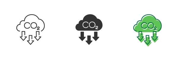 CO2 Reduction Line and Silhouette Icon Set. Carbon Emissions Reduction Icon with Arrows. Reduction Greenhouse CO2 with Cloud Emission Pictogram. Editable Stroke. Isolated Illustration vector