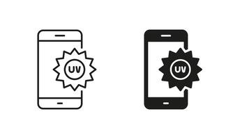 UV Index Level Mobile App Line and Silhouette Icon Set. Ultraviolet Radiation Smartphone Application Pictogram. Editable Stroke. Isolated Illustration vector