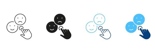 Feedback Line and Silhouette Icon Set. Cursor Click On Good Or Bad Emoticon Pictogram. Social Media App Review Symbol. Customer Satisfaction Sign. Editable Stroke. Isolated Illustration vector