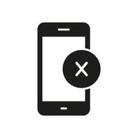 Mobile Phone with Cross Sign Silhouette Icon. Error or Cancel Action on Smartphone Glyph Symbol. Device Error or Shutdown Notification. Isolated Illustration vector