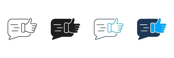 Good Feedback Line and Silhouette Icon Set. Thumb Up With Speech Bubble Pictogram. Positive Communication Symbol. Customer Review, Survey Chat Sign. Editable Stroke. Isolated Illustration vector