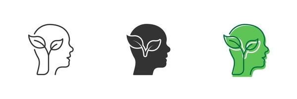 Human Head with Leaf Line and Silhouette Icon Set. Leaf and Person Brain Ecology Environment Concept Icon. Editable Stroke. Isolated Illustration vector