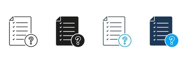 Paper Document With Question Mark Line and Silhouette Icon Set. FAQ Page Pictogram. Checklist On File Symbol. Ask And Answer Sign. Editable Stroke. Isolated Illustration vector