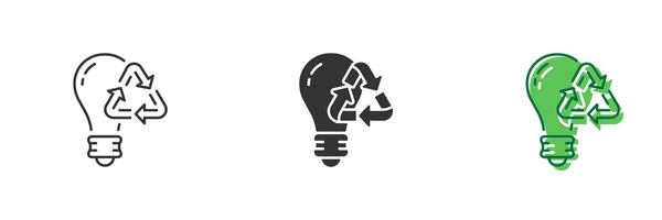 Eco Light Bulb with Recycling Symbol Icon for Energy Saving. Eco Electricity Lightbulb Renewable Resource Line and Silhouette Icon Set. Editable Stroke. Isolated Illustration vector