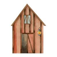 Barn, shed for storing hay, grain in red with a lantern and an open door. All objects are hand-painted in watercolor. Watercolor illustration for Thanksgiving. For printing on cards, product packaging vector