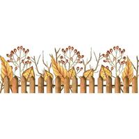 Border of autumn yellow leaves, viburnum berries, bare tree branches, covered with a wooden fence. All objects are hand-painted with watercolors. Suitable for printing on kitchen towels, dishes vector