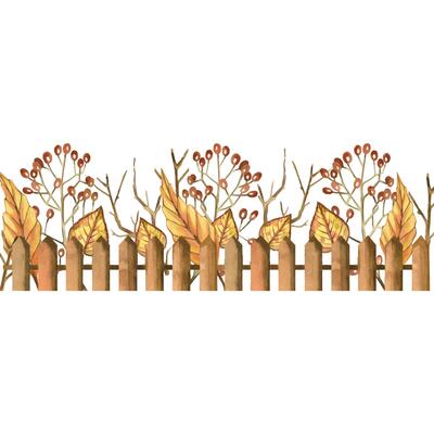Border of autumn yellow leaves, viburnum berries, bare tree branches, covered with a wooden fence. All objects are hand-painted with watercolors. Suitable for printing on kitchen towels, dishes