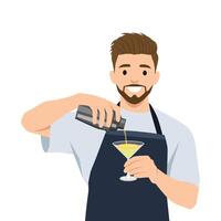 Man bartender prepares cocktail with addition alcohol and syrup with ice. vector
