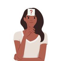Doubtful pensive young woman with sticker note on forehead with question mark. vector