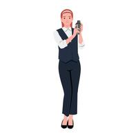 Smiling barmaid preparing cocktail using shaker. vector