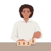 Hand putting a cube on up arrows, which printed 2025. vector