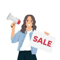 Woman with megaphone promoting sale. vector