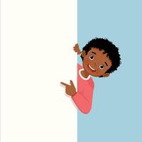 Cute little African boy standing behind blank board peeking and pointing to empty banner with finger vector