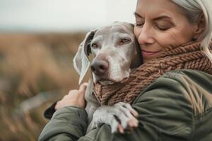 white-haired or gray-haired white woman hugging gray spotted weimaraner dog, both tied together with a scarf around their neck. owner-dog bond photo
