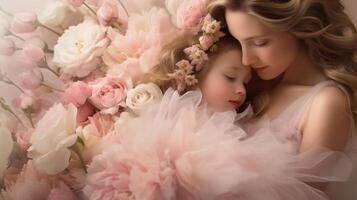 light pink idyll of mother and little daughter sleeping in her arms, mother and child day on pink flowers background photo