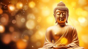golden buddha statue close up on yellow background with bokeh and copy space photo