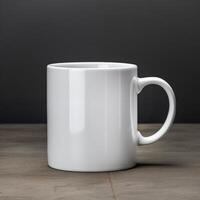 White mug without patterns close up on dark minimalistic background. white mug mockup photo