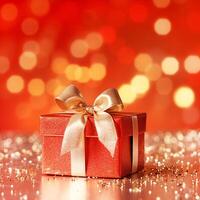 close up of a red box wrapped in light gold pearlescent ribbon on a surface with gold confetti on a red background with yellow bokeh photo