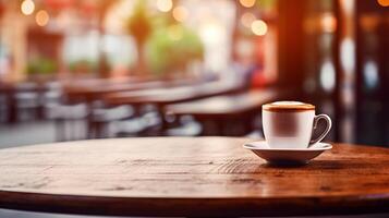 close up of empty round wooden table in cafe with cup of coffee with foam on saucer with copy space photo