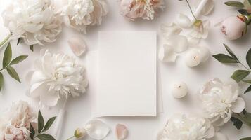 top view mockup of white A5 paper on white background surrounded by small white candles and white flowers photo