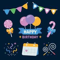 set of icons for a party and birthday, consisting of sweets, confetti, garland, and a calendar vector