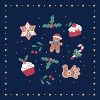 Merry Christmas and Happy New Year card with cookies, cupcakes, cakes, and garlands and gingerbread on a blue background vector