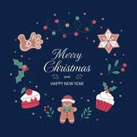 Merry Christmas and Happy New Year card with cookies, cupcakes, cakes, and garlands and gingerbread on a blue background vector