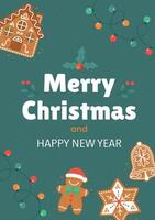 Merry Christmas and Happy New Year card with cookies and garlands on a green background vector