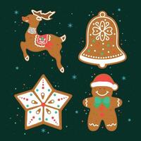 set of Christmas cookies reindeer, snowflake, bell, and gingerbread man vector