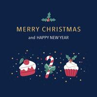 Merry Christmas and Happy New Year card with cupcakes, cakes, and a lollipop on a blue background vector