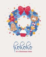 Christmas and New Year decorations with a wreath of fir branches, a bow, a cookie, and a garland with the text 'Ho Ho Ho' vector