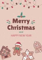Merry Christmas and Happy New Year card with cookies, cupcakes and garlands on a beige background vector