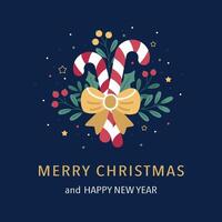 Merry Christmas and Happy New Year card with a lollipop, flowers, and branches vector