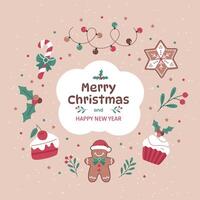 Merry Christmas and Happy New Year card with cookies, cupcakes and garlands on a beige background vector
