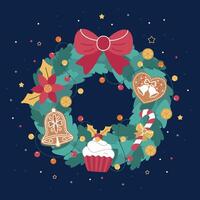 Christmas and New Year decorations with a wreath of fir branches, a bow, a cookie, and a garland vector