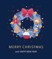 Christmas and New Year decorations with a wreath of fir branches, a bow, a cookie, and a garland vector