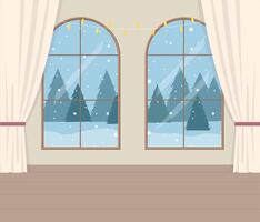 room with big windows and winter landscape. Beautiful Christmas background. Element of New Year poster, card, decorative element. vector