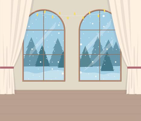 room with big windows and winter landscape. Beautiful Christmas background. Element of New Year poster, card, decorative element.