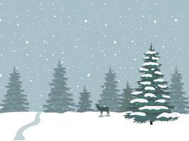 Winter and Christmas background with trees , snowfall, winter spruce and deer. Landscapes illustration vector