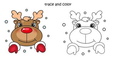 Trace and color reindeer. Christmas reindeer coloring page, drawing exercise vector